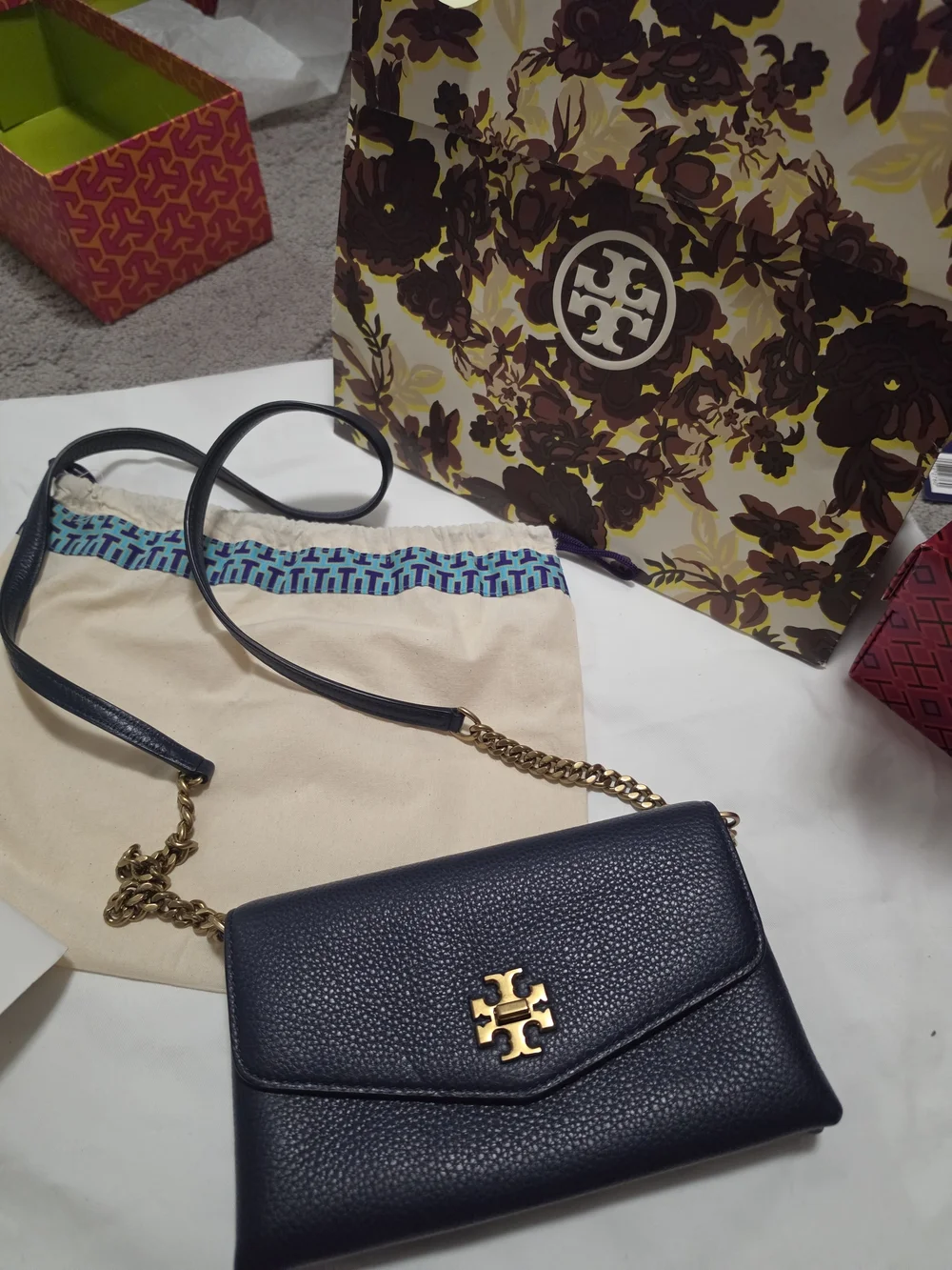 Tory Burch Navy Leather Crossbody Bag with Gold Logo